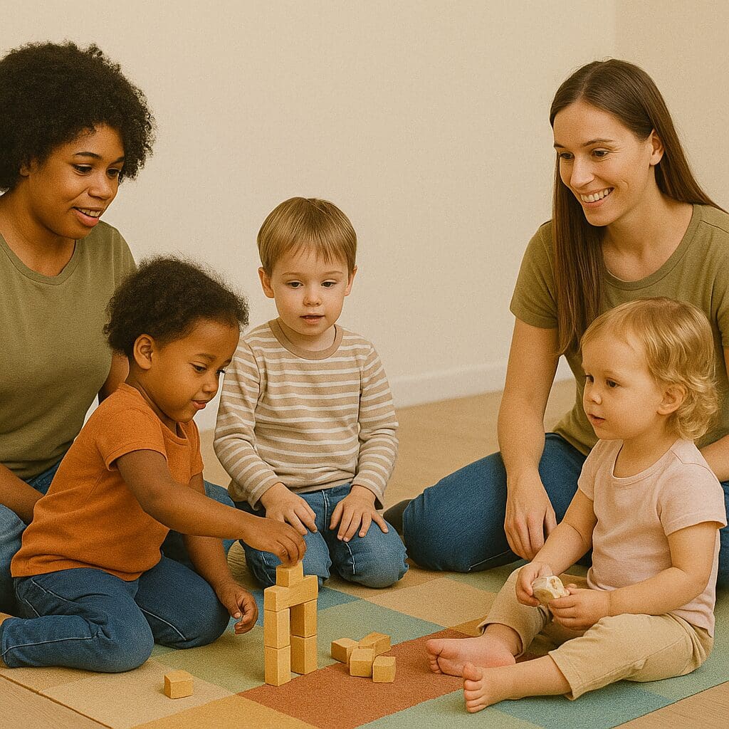 Adults and children playing with wooden blocks.
